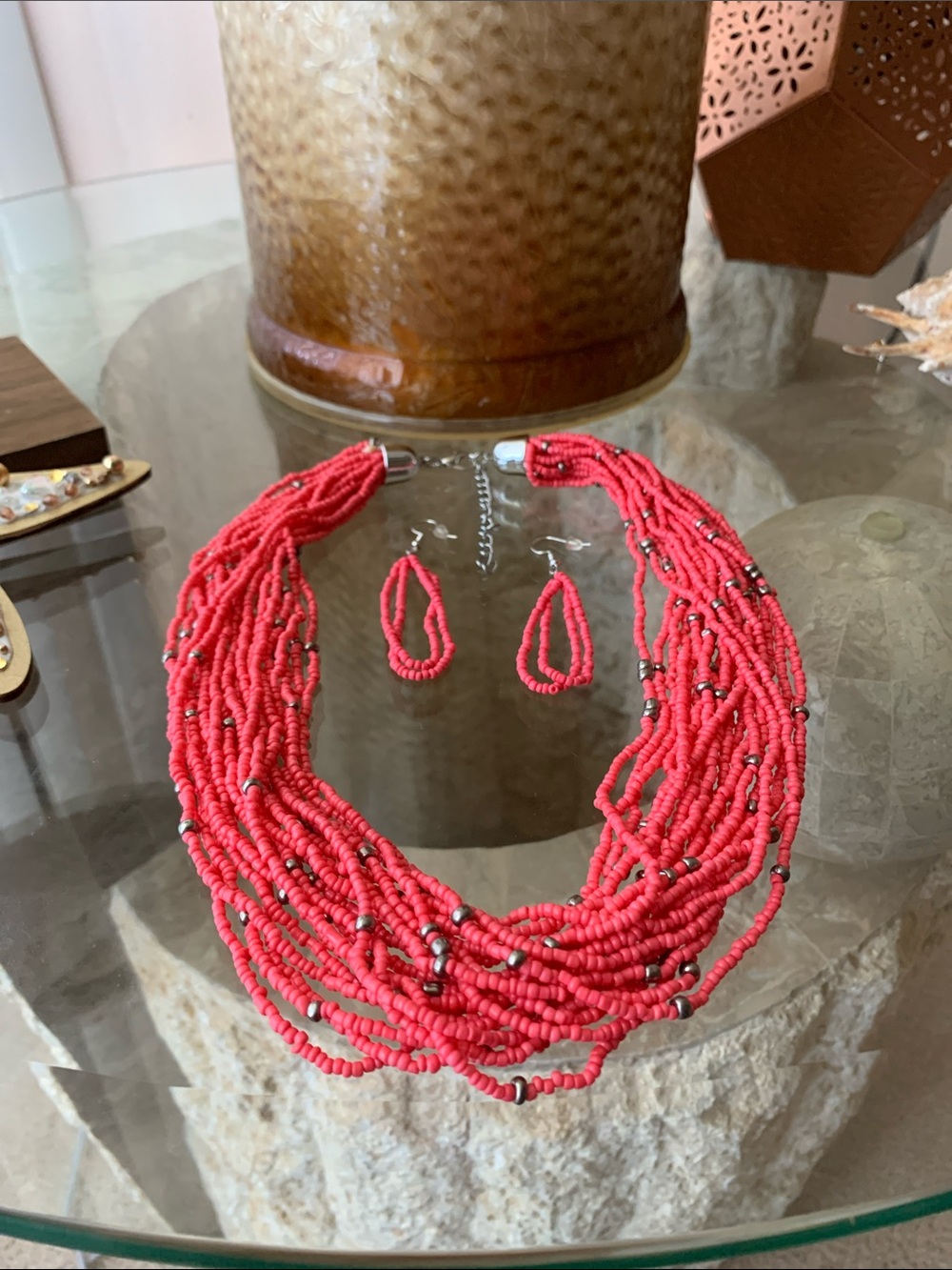 Pink Multi-Strand Beaded Necklace & Earring Set
